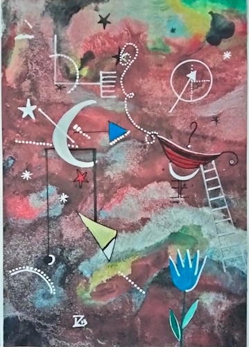 Zilocchi Laura Viaggio tra le stelle opera su carta acquerellata ingrandita e rielaborata con acrilici e pastelli a olio 50x35 cm